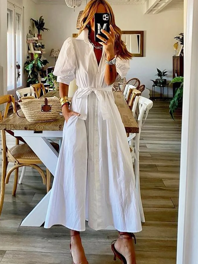 Women's Leisure Vacation Puff Sleeve Shirt Dress