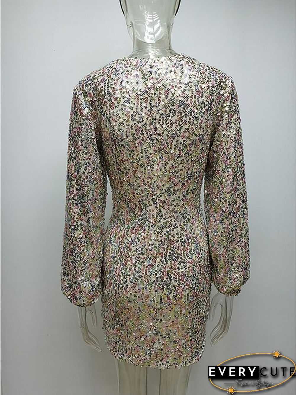 Womens Sheath Dress Short Mini Silver Long Sleeve Solid Color Print Summer Neck Hot Sexy