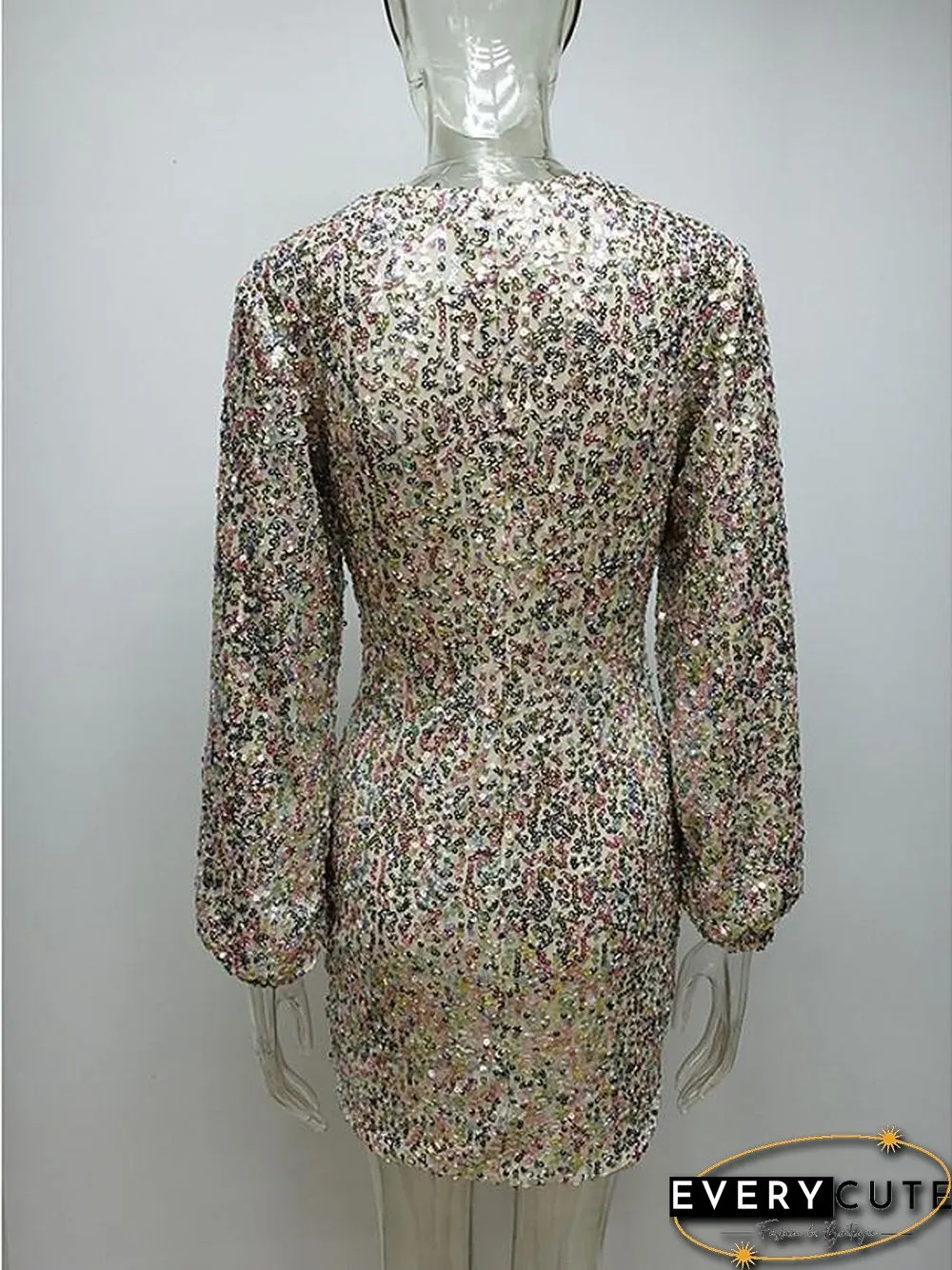 Womens Sheath Dress Short Mini Silver Long Sleeve Solid Color Print Summer Neck Hot Sexy