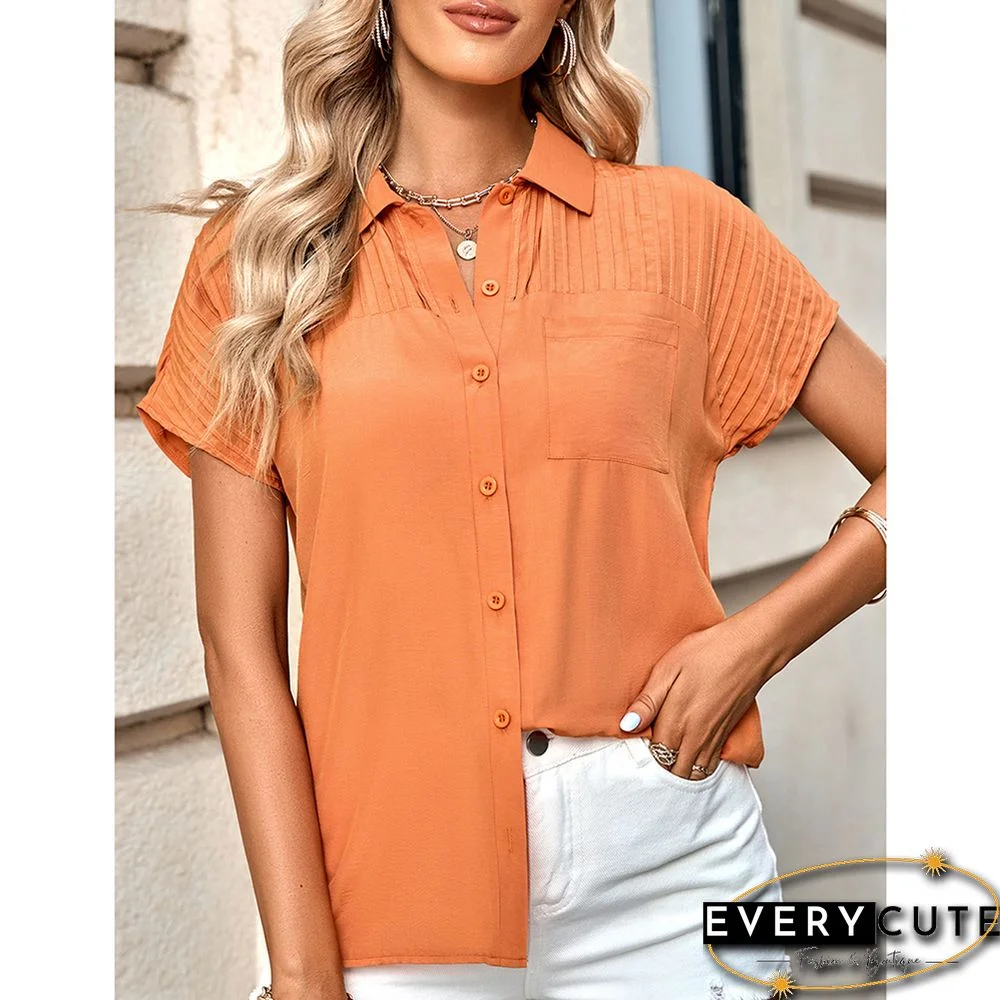 Orange Lapel Button Short Sleeve Pocket Shirt
