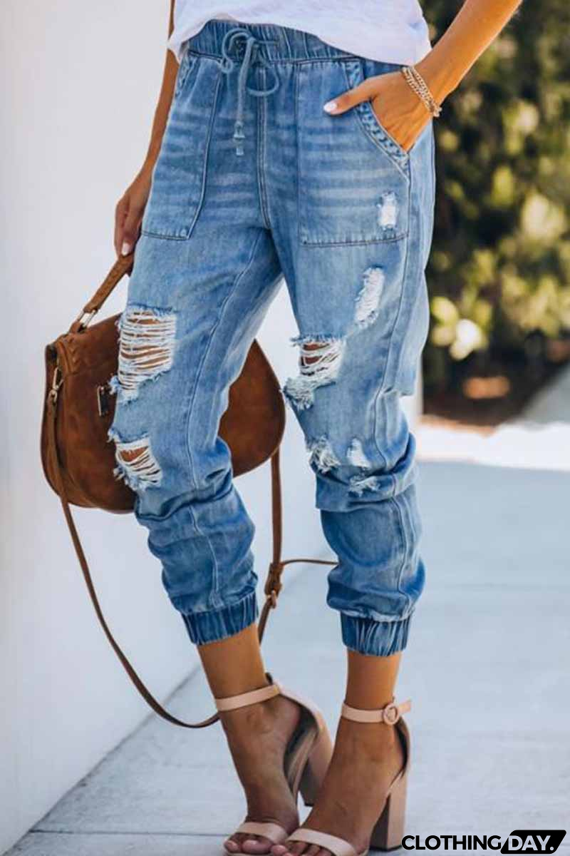 Adjustable Waist Ripped Loose Jeans