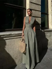 Bokeni Sexy Solid Sleeveless Women Zipper Long Pleated Dress Fashion V-neck Zipper Slim Sleeveless Dresses 2025 Summer Office Lady Robe