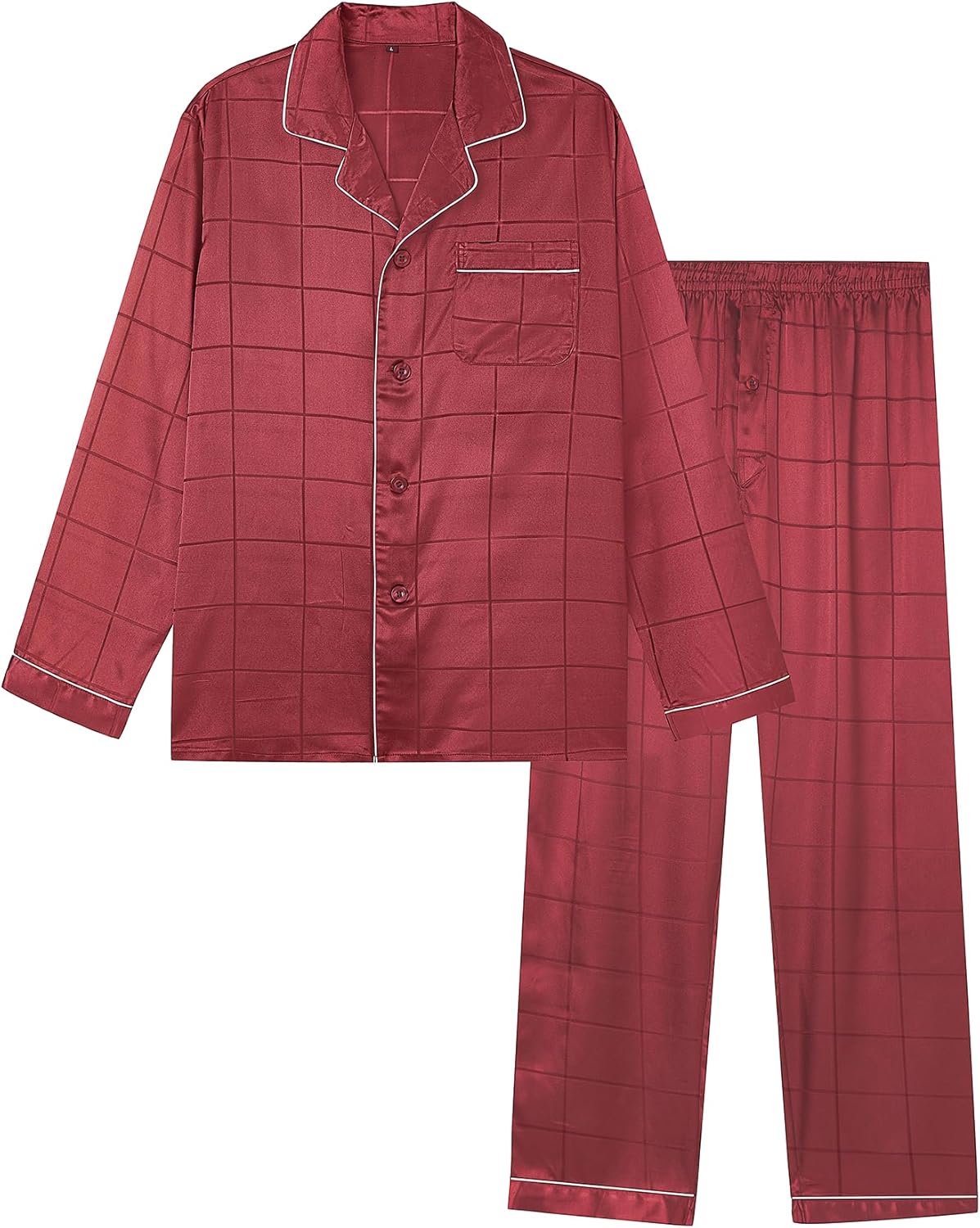Jupitersecret Men's Silk Pajamas Set Long Sleeve Button-Down Sleepwear With Pockets，Red&white