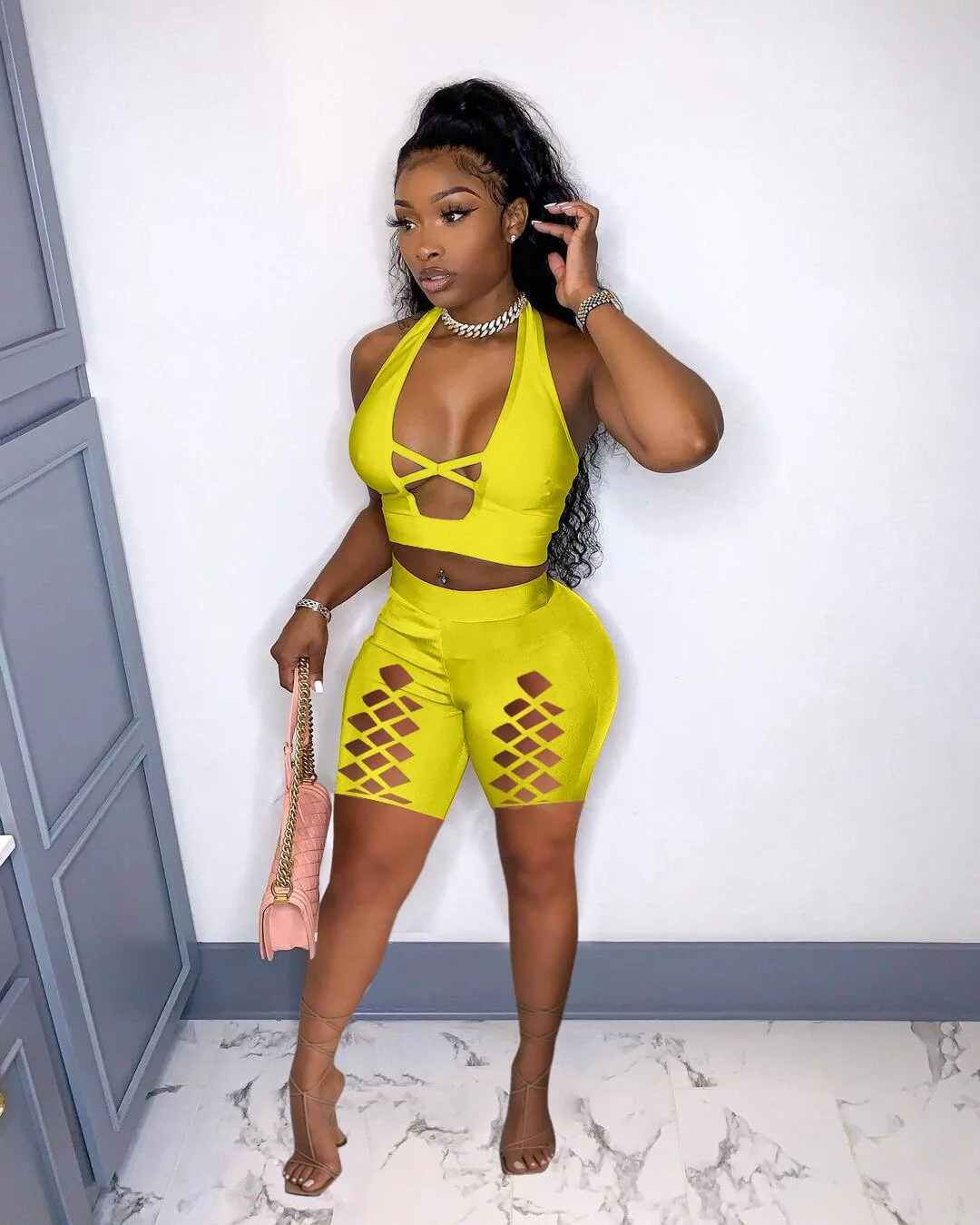 CM.YAYA Women Set Solid Sleeveless Halter Crop Tops Hollow Out Stretchy Shorts Two 2 Piece Sets Sexy Tracksuit Summer Outfits