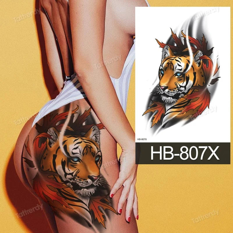 big tattoo anime tiger lion king head thigh leg temporary tattoo for women girls beauty sexy body art sticker tattoos waterproof
