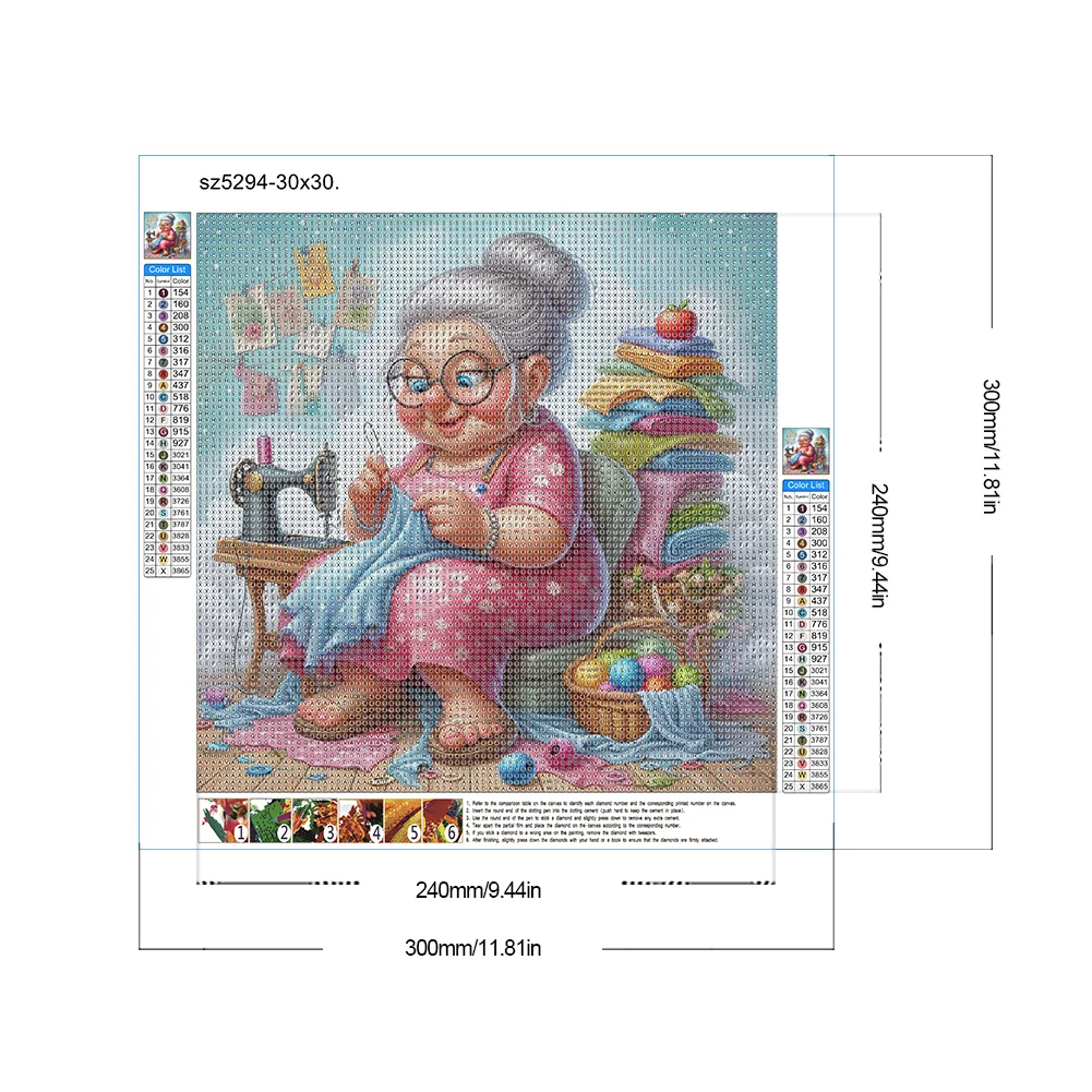 Diamond Painting - Full Round Drill - Old Lady Sewing(Canvas|30*30cm)