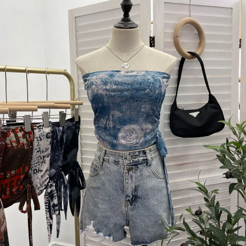 Brownm Explosion Recommended Y2k Hottie Braid Small Sling Belt With Chest Mat Tie Mesh Yarn Tidly Wrapped Bra T-Shirt 1391