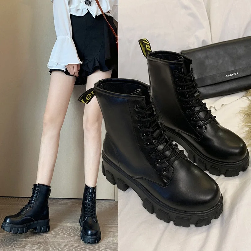 Botas Women Motorcycle Ankle Boots Wedges Female Lace Up Platforms Spring Black Leather Oxford Shoes Woman 2021 Botas Mujer