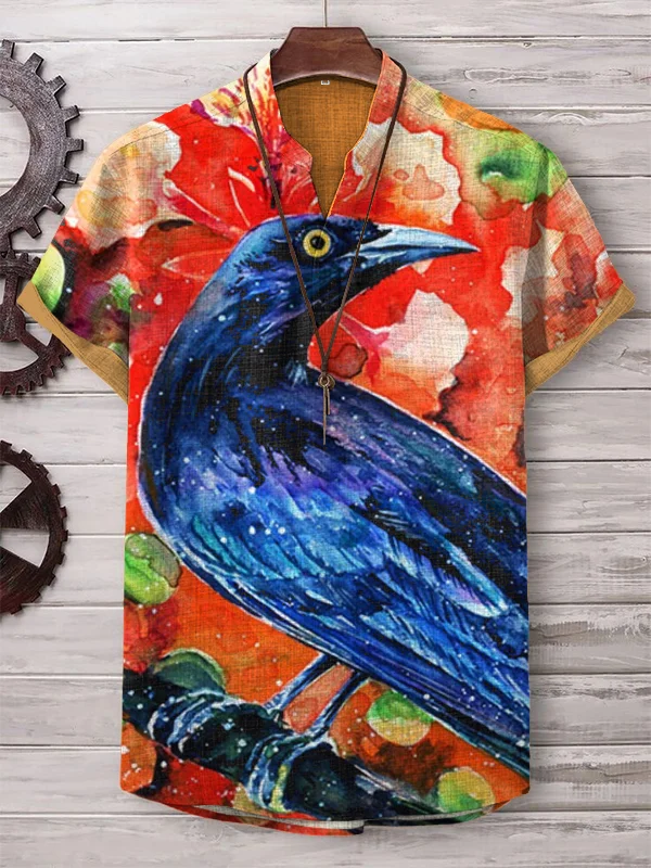 Men's Bird And Flowers Watercolor Painting Print V Neck T-Shirt