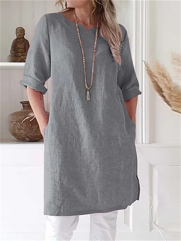 Summer Hot Round Neck Cotton Linen T-shirt Loose Seven-point Sleeve Tops Comfortable Casual Solid Color A-line Dress-Mixcun