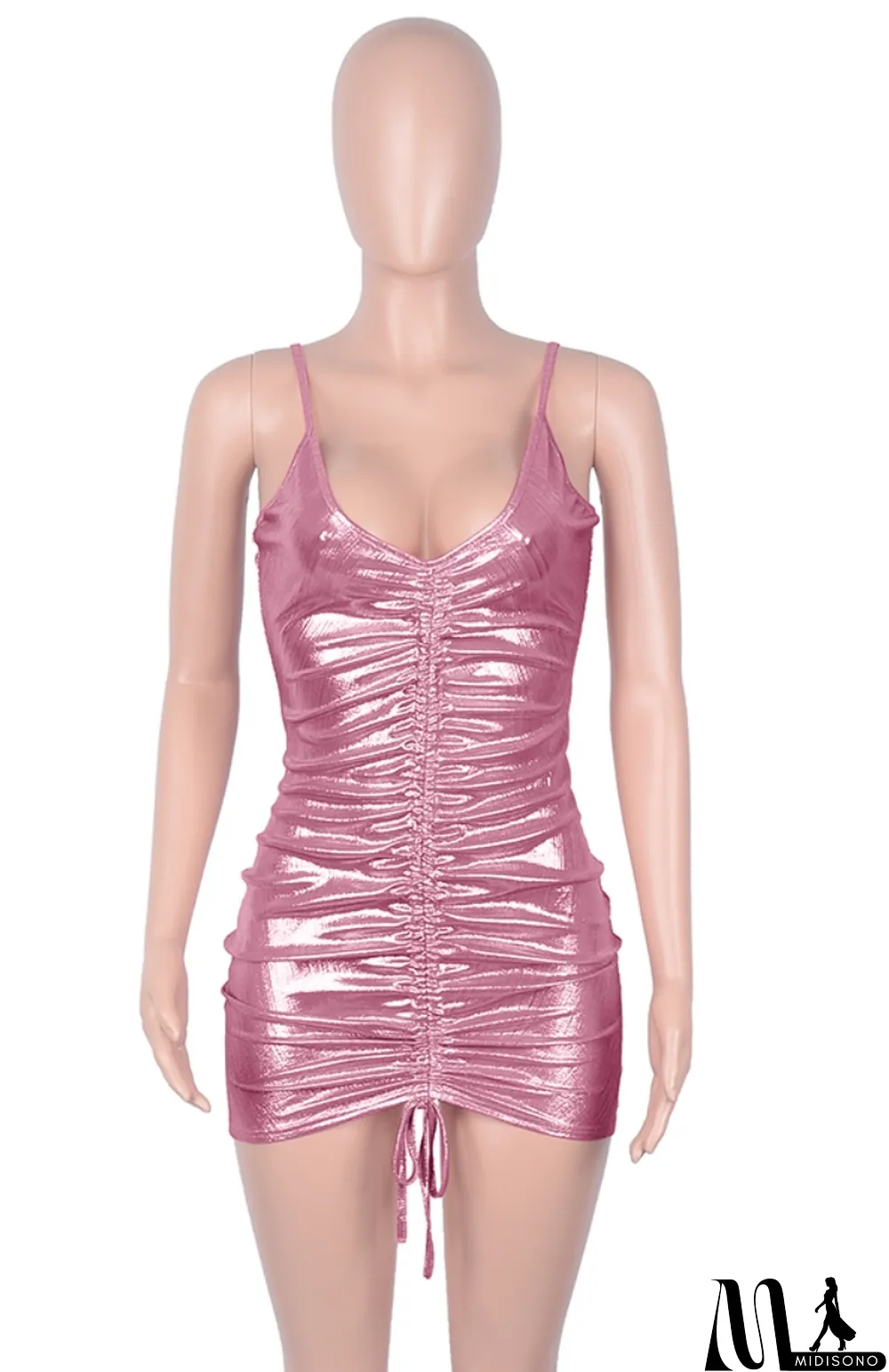 MidiSono - Summer Metallic Sexy Ruched Strings Strap Mini Dress