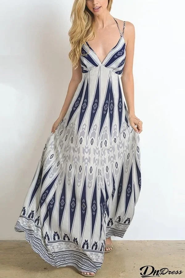 Vintage Print backless long dress