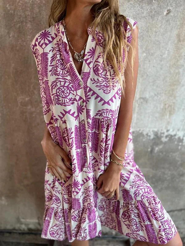 V-neck button-printed sleeveless cotton hemp dress
