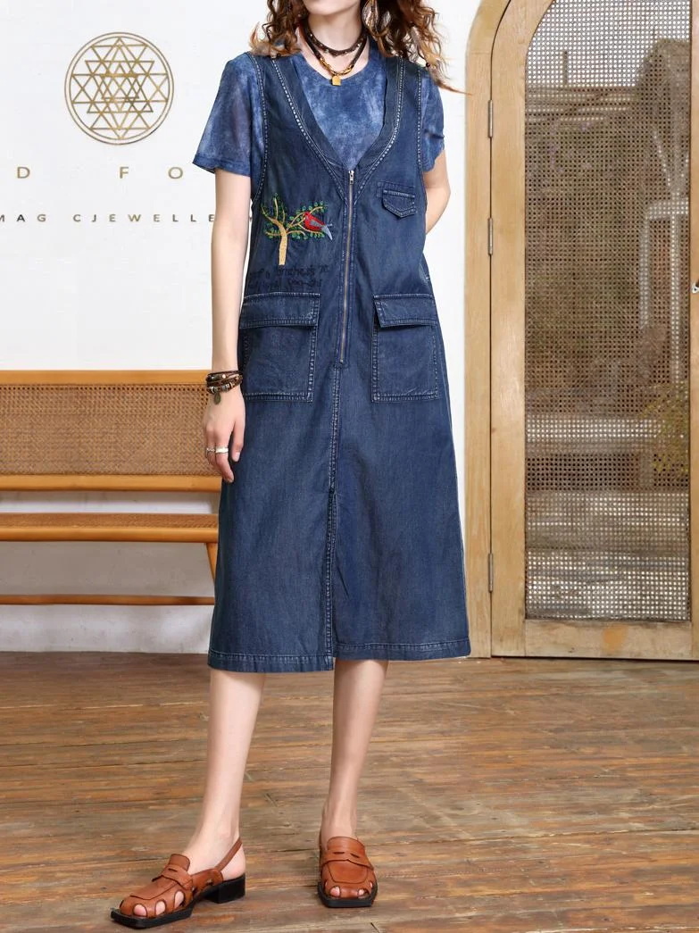 Women's Denim Embroidered Sleeveless V-neck Midi Dress