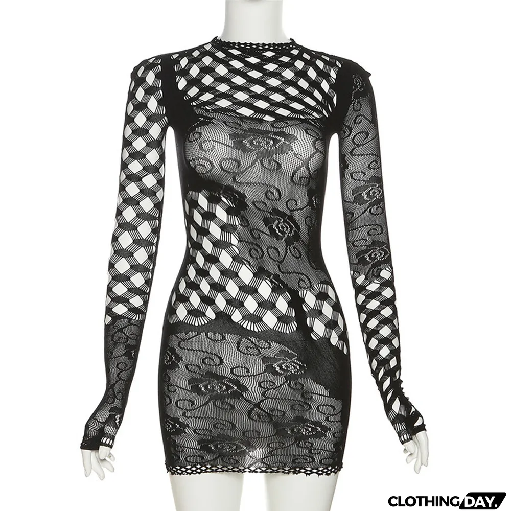 Spring Women's Fashion Jacquard Cutout Round Neck High Waist Slim Short One-Piece Dress