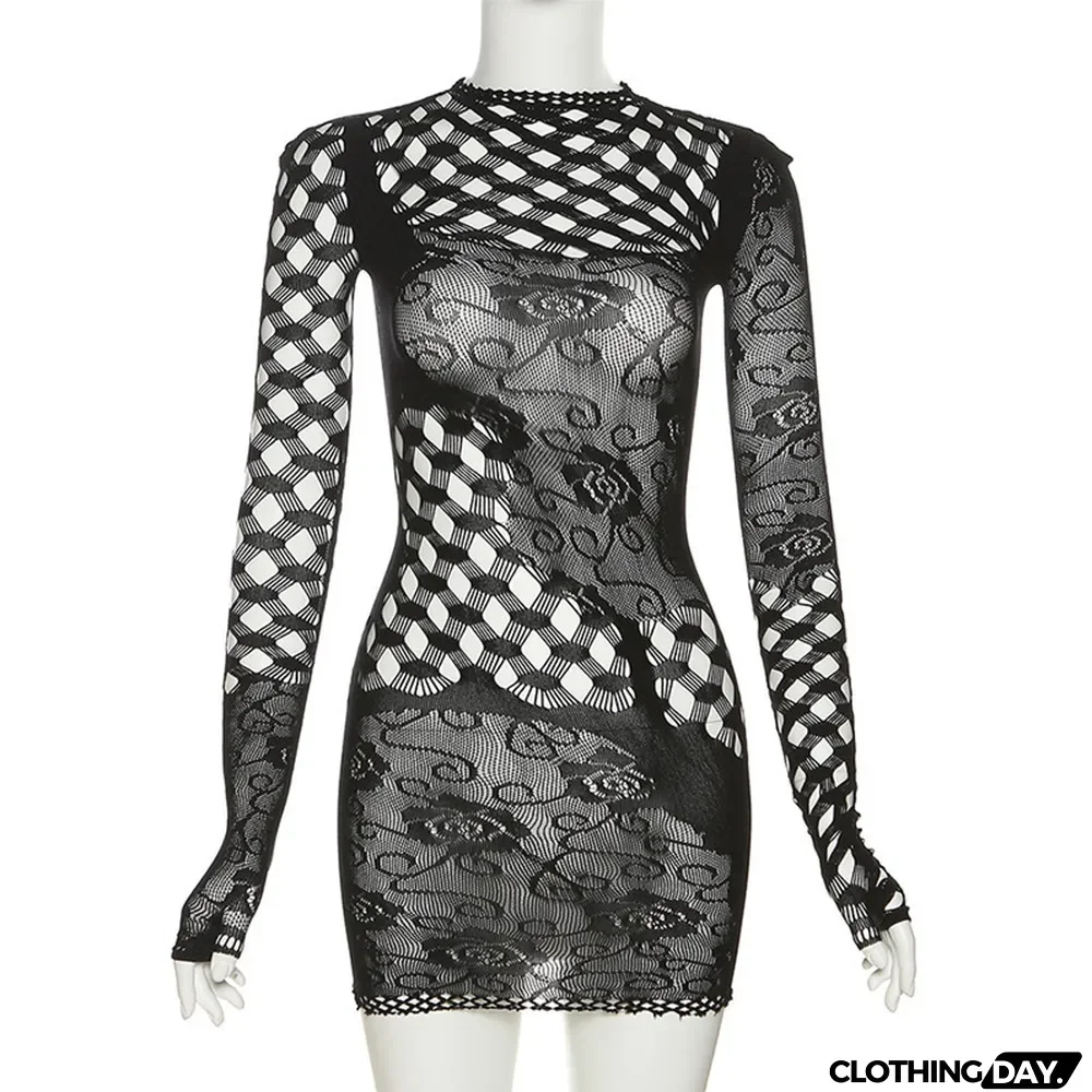 Spring Women's Fashion Jacquard Cutout Round Neck High Waist Slim Short One-Piece Dress