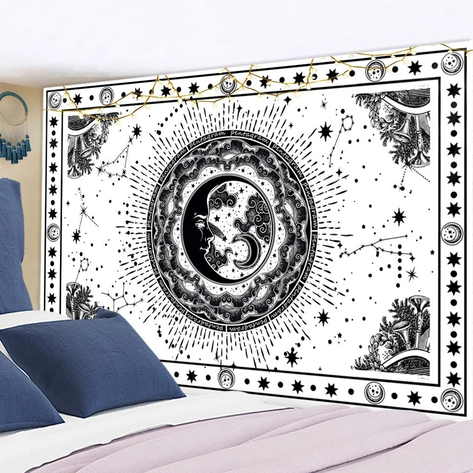 Tarot Card Mandala Tapestry White Black Sun And Moon Tapestry Wall Hanging Hippie Wall Rugs Dorm Decor Blanket