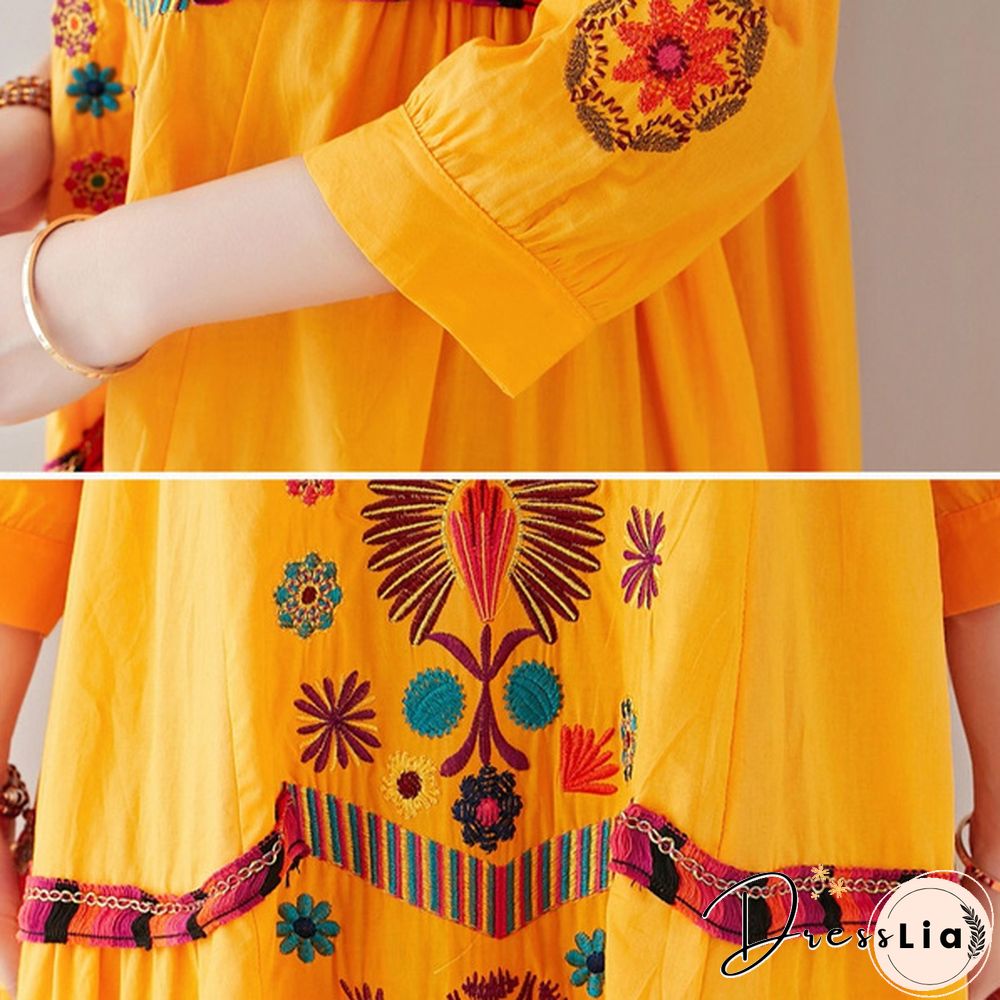 Women Dress Midi Linen Ethnic Floral Embroidery Tunic Beach Boho Holiday Hippie