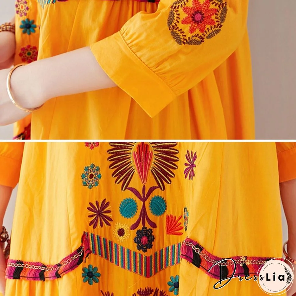 Women Dress Midi Linen Ethnic Floral Embroidery Tunic Beach Boho Holiday Hippie