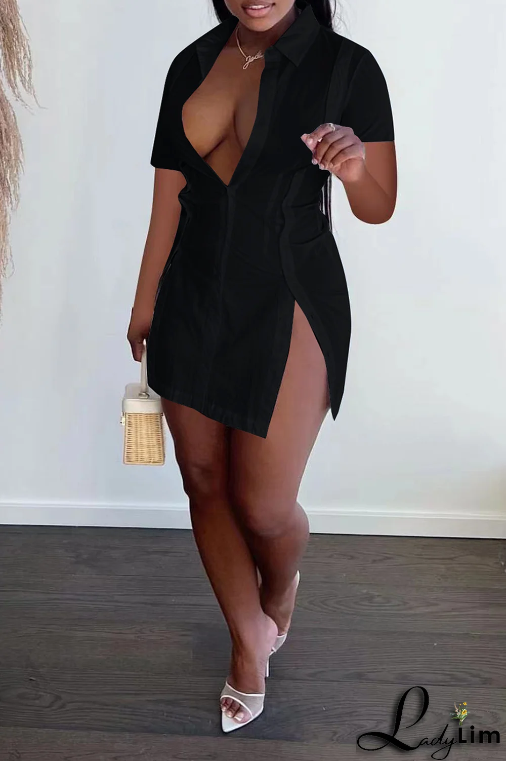 White Casual Solid Split Joint Turndown Collar Shirt Dress Dresses