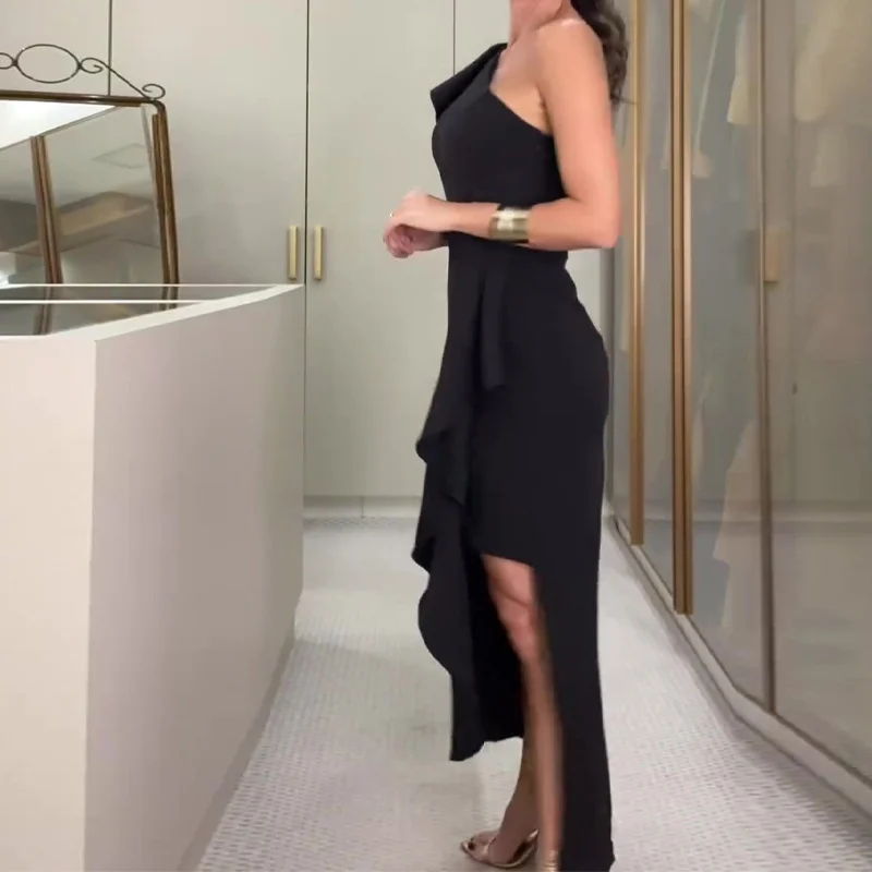 Toloer Toloer 2023 New Fashion Solid Color Diagonal Lace Sleeve Slit Sexy Skirt-Outfit Ideas