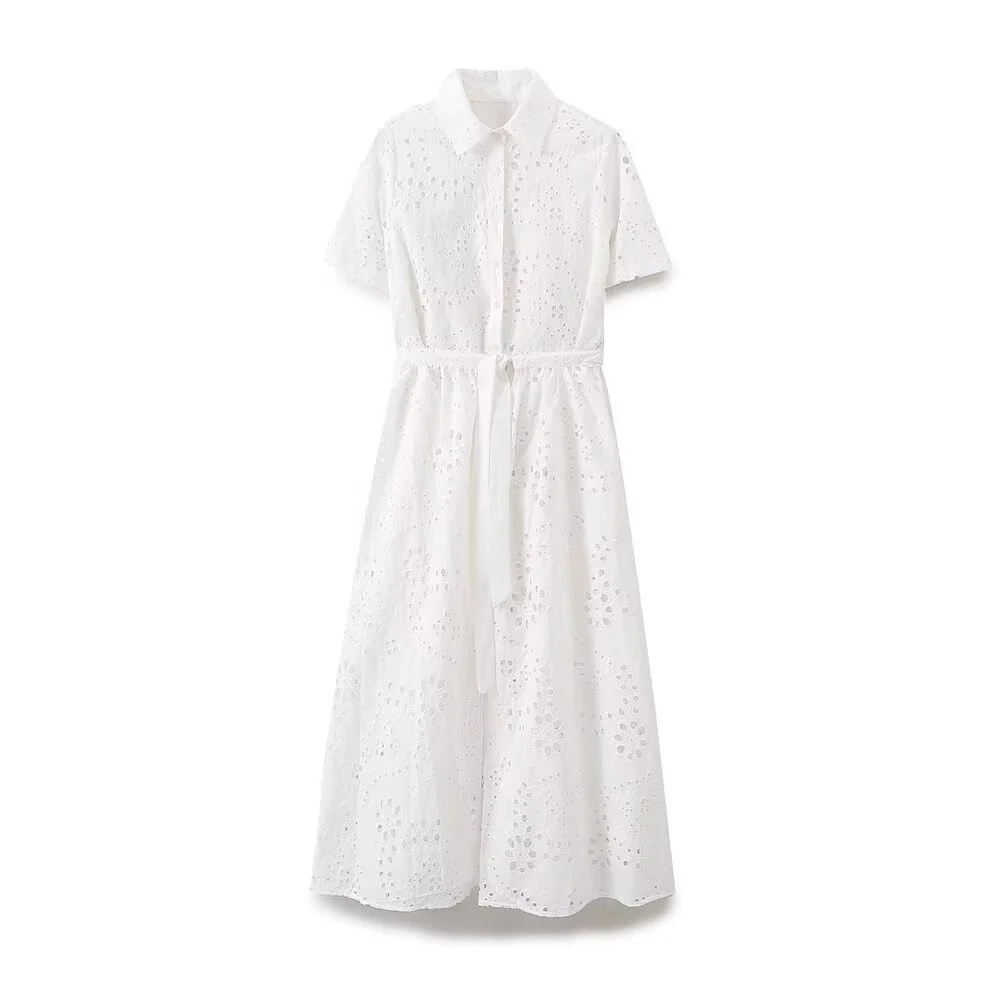 Woherb Woherb New Fashion Lapel Short Sleeve Pure White Embroidered Shirt Dress Women 2614271-Outfit Ideas