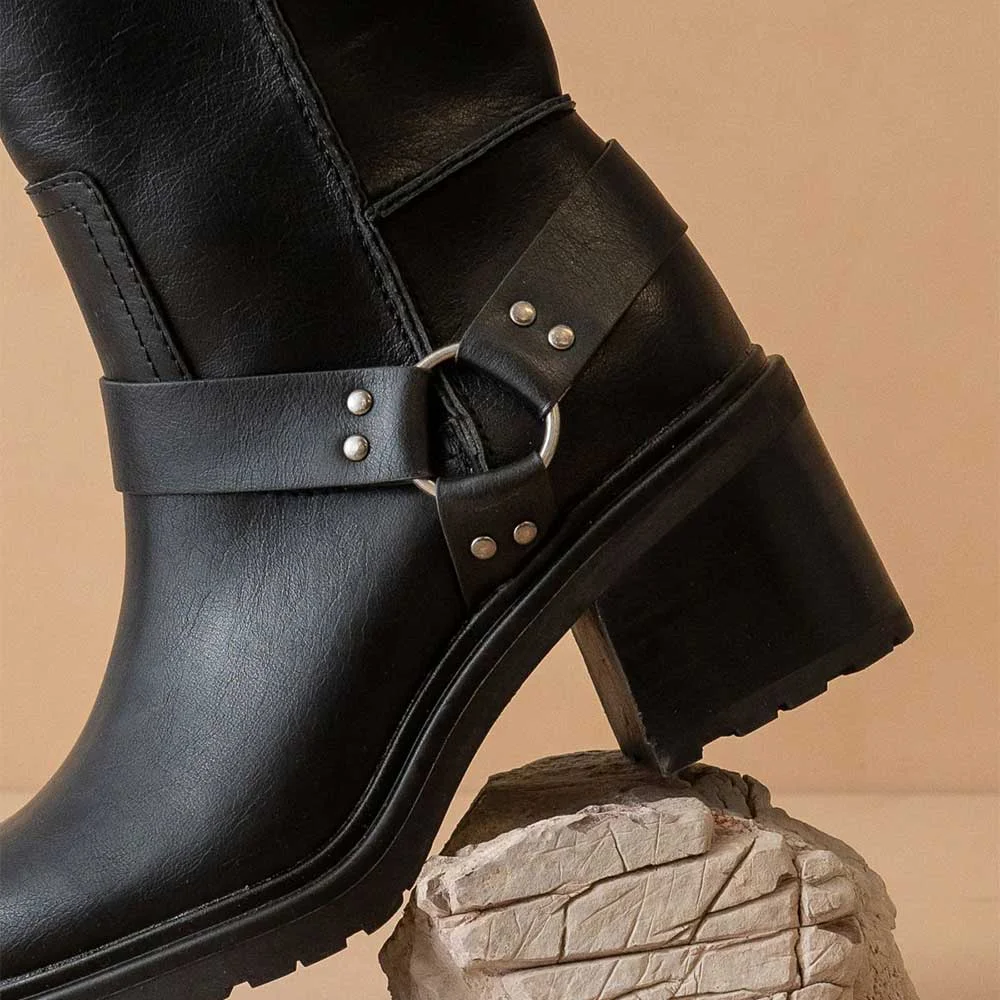 Black Faux Leather Round Toe Side Zipper Buckle Chunky Heel Boots