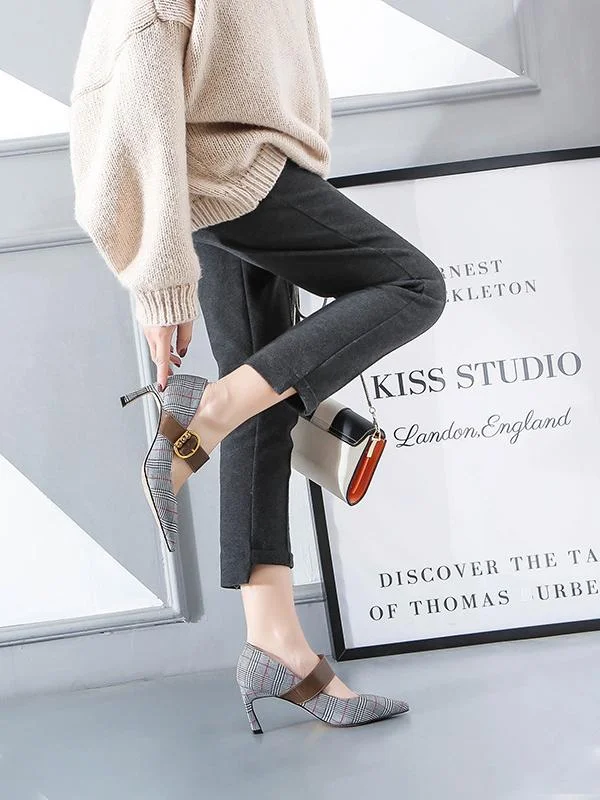Shallow pointed toe stiletto heels with metal buckle plaid high heels