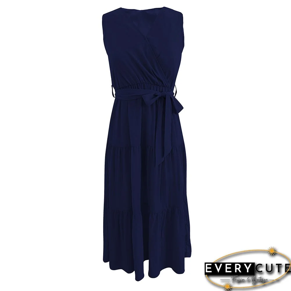 Navy Blue V Neck Sleeveless Tie Waist Midi Dress