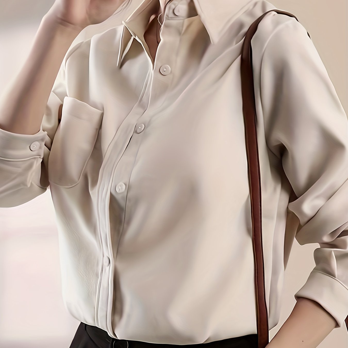 Solid Polo Collar Button Shirt, Casual Pocket Long Sleeve Shirt For Spring & Fall, Women's Clothing