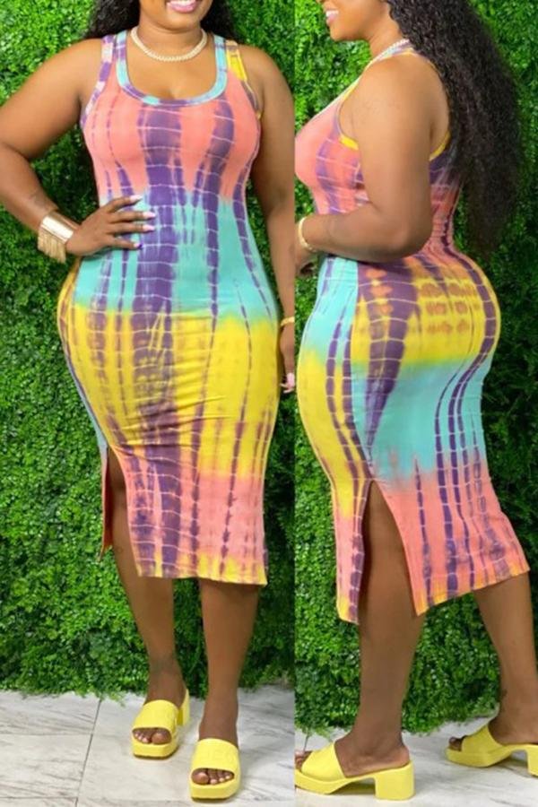 Casual Tie Dye Slit Sleeveless Midi Dress