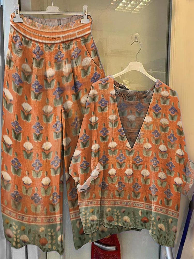 Women's Vintage Floral Collage Art Pattern Print V-Neck Top Wide-Leg Pants Cotton Linen Suit
