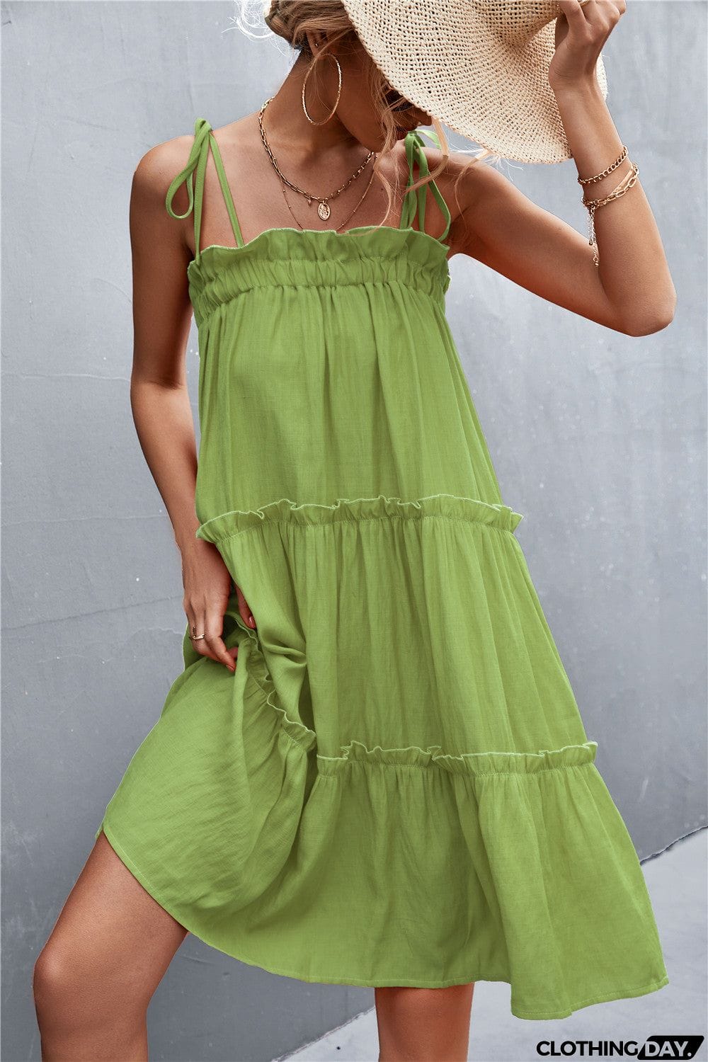 Tie-Shoulder Frill Trim Sleeveless Dress