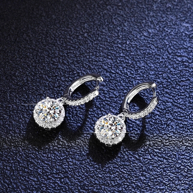 1 Pair 925 Sterling Silver Moissanite Zircon Round Drop Earrings