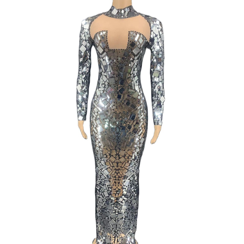 Long Sleeves Mirror Reflective Perspective Gauze Women Dresses Inlaid Diamond Floor-Length Dresses Lady