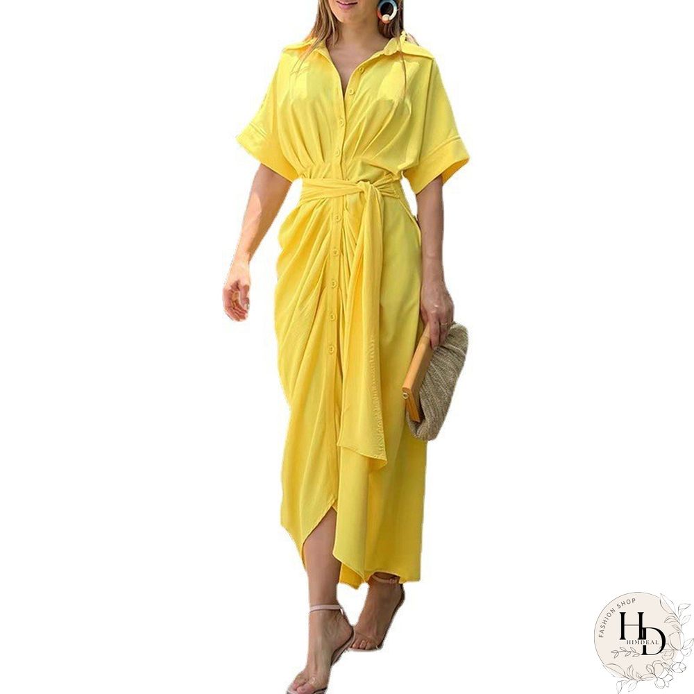Lapel Mid Length Short Sleeve Single Breasted High Waist Shirt Dress