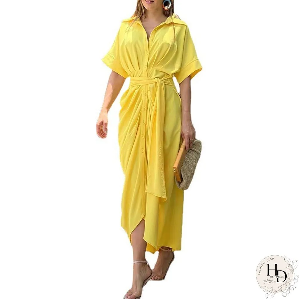 Lapel Mid Length Short Sleeve Single Breasted High Waist Shirt Dress