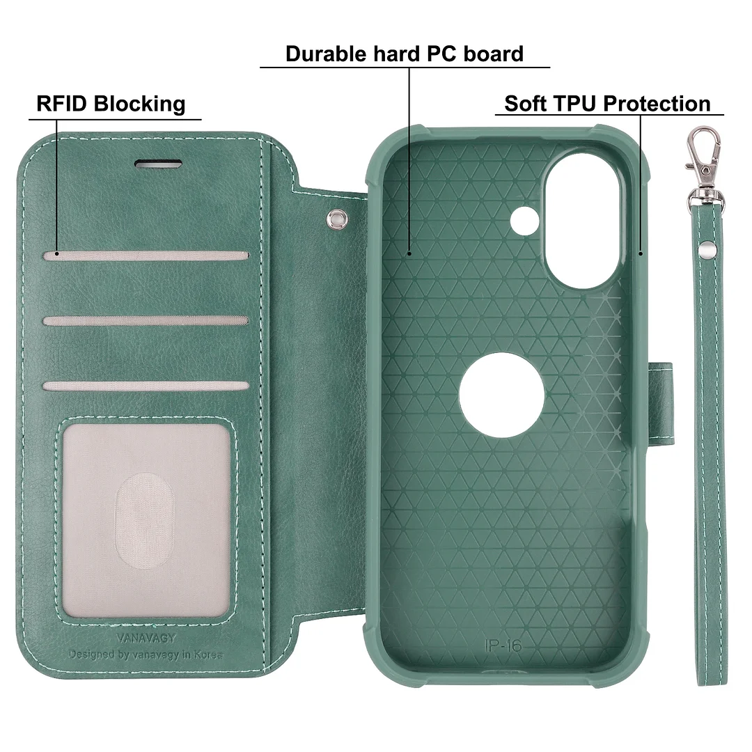 VANAVAGY Compatible for iPhone 16 Wallet Case for Magsafe Wireless Charging,Leather Flip Folio Wrist [Glass Screen Protectors & Camera Lens Protectors] with RFID Block Card Holder