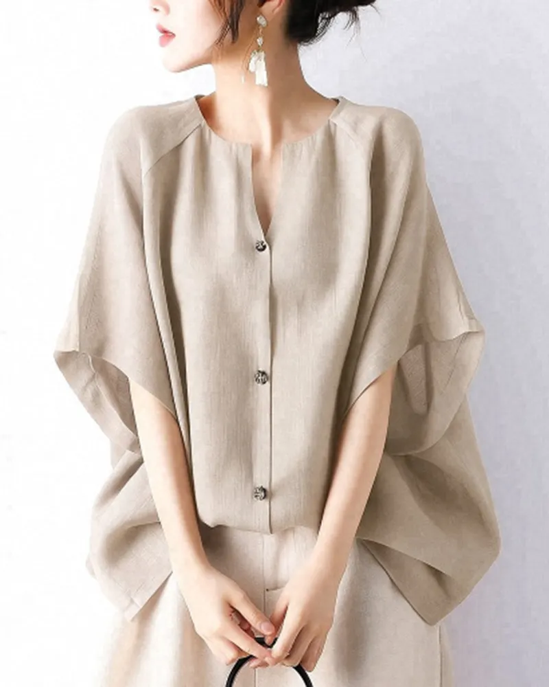 Batwing Sleeve V Neck Button Down Top