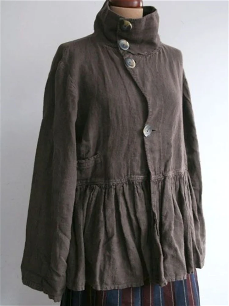 Vintage Side Placket Pleated Hem Linen Blend Jacket