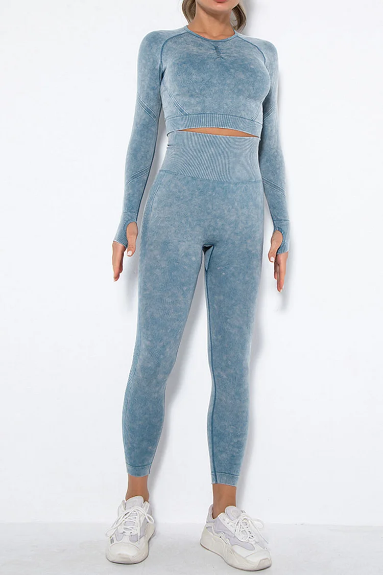 Blue Casual Sportswear Print Split Joint O Neck Long Sleeve Two Pieces