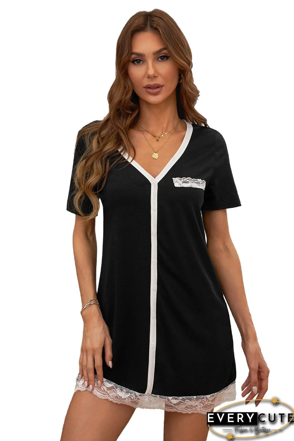 Black Contrast V Neckline Lace Trim Sleep Dress