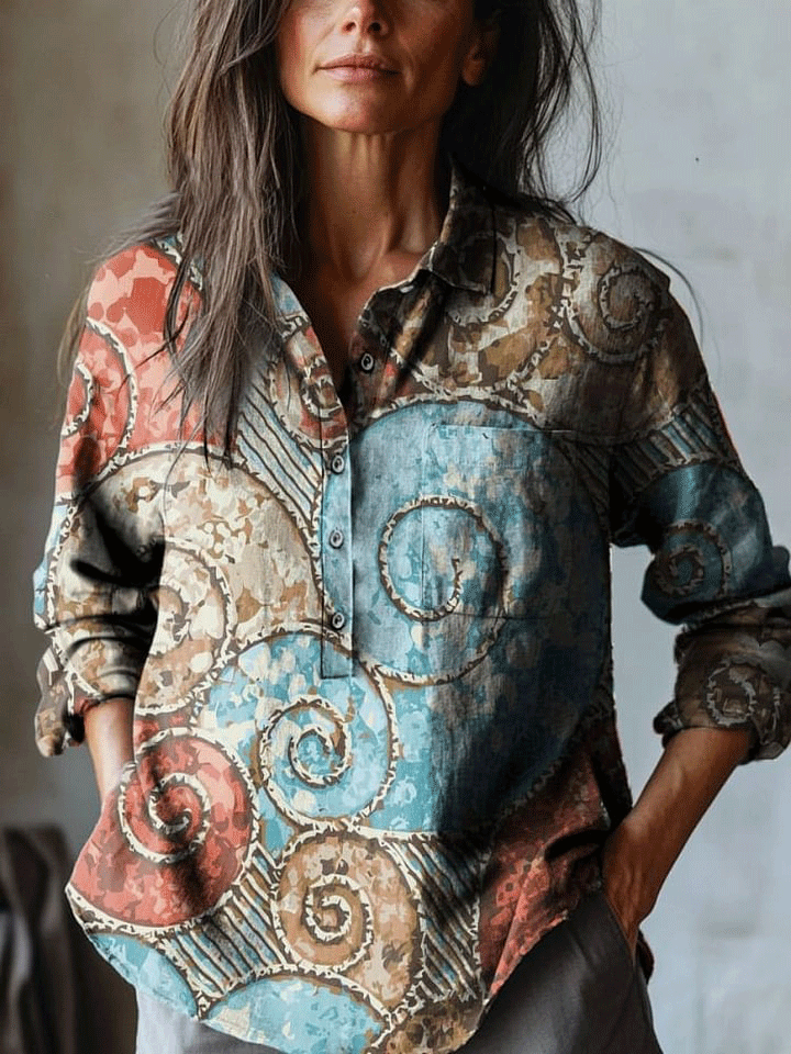 Women's Retro Curly Color Block Art Print Casual Cotton And Linen Shirt