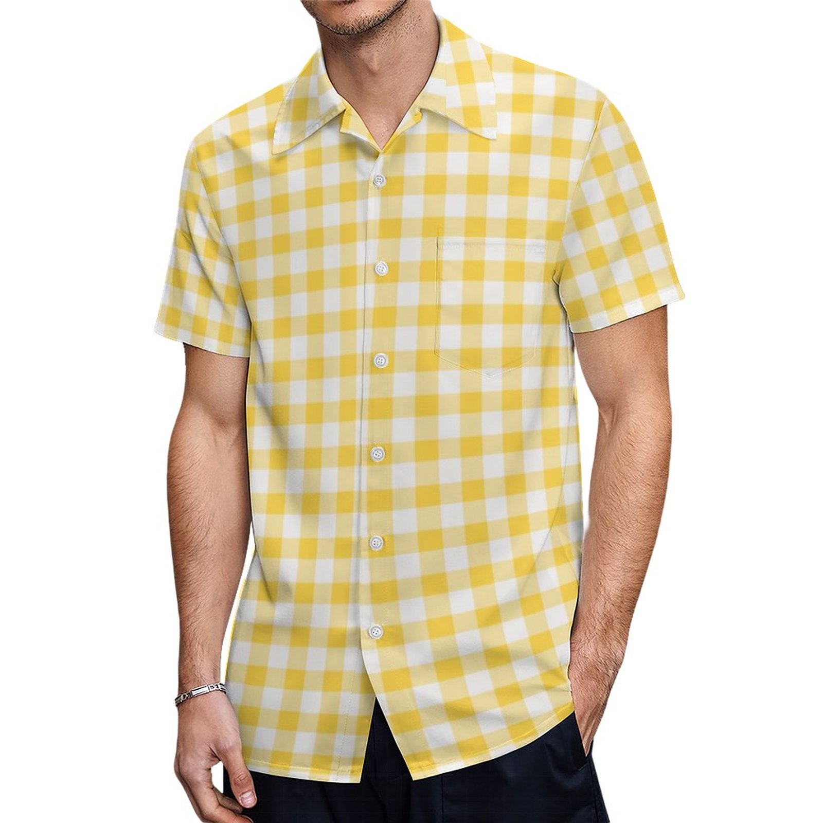 Yellow And White Buffalo Plaid Hawaiian Shirt Mens Button Down Plus Size Tropical Hawaii Beach Shirts