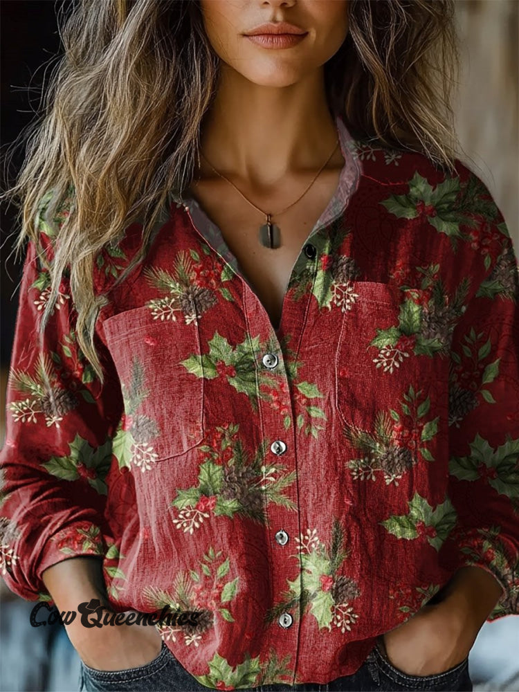 Women’s Red Christmas Decoration Cashew Pattern Art Print Casual Long Sleeve Comfortable Cotton