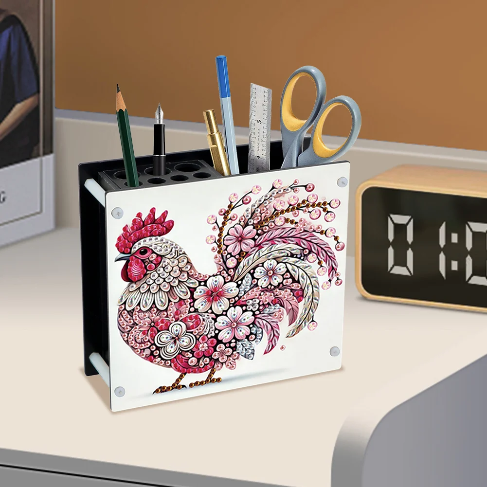 DIY Rooster Special Shaped Diamond Painting Acrylic Pencil Holder Organizer
