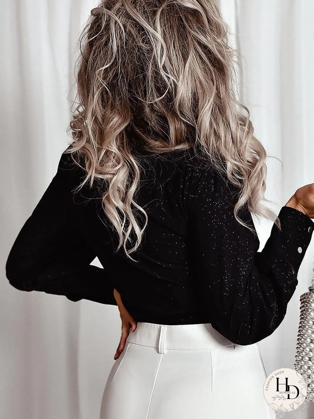 Shimmering Black V Neck Puff Sleeve Wrap Blouse
