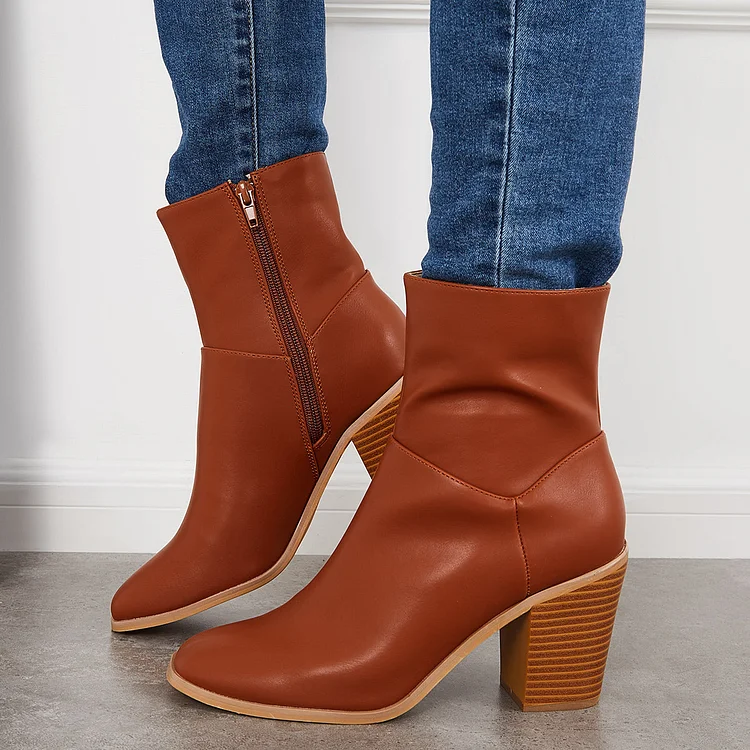 Women Square Toe Ankle Boots Chunky Heel Side Zipper Booties
