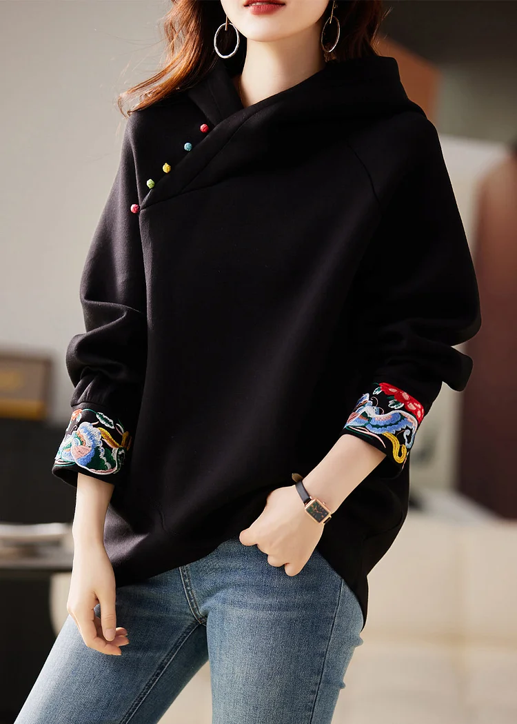 Boutique Black Hooded Embroideried Warm Fleece Sweatshirts Top Spring