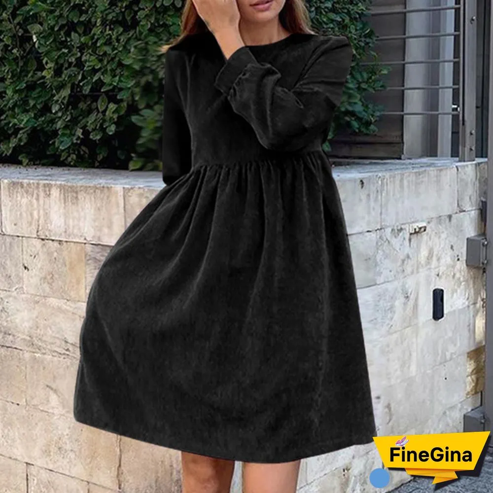 Women Corduroy Long Sleeve A Line Dress Plus Size Mini Tunic Dress
